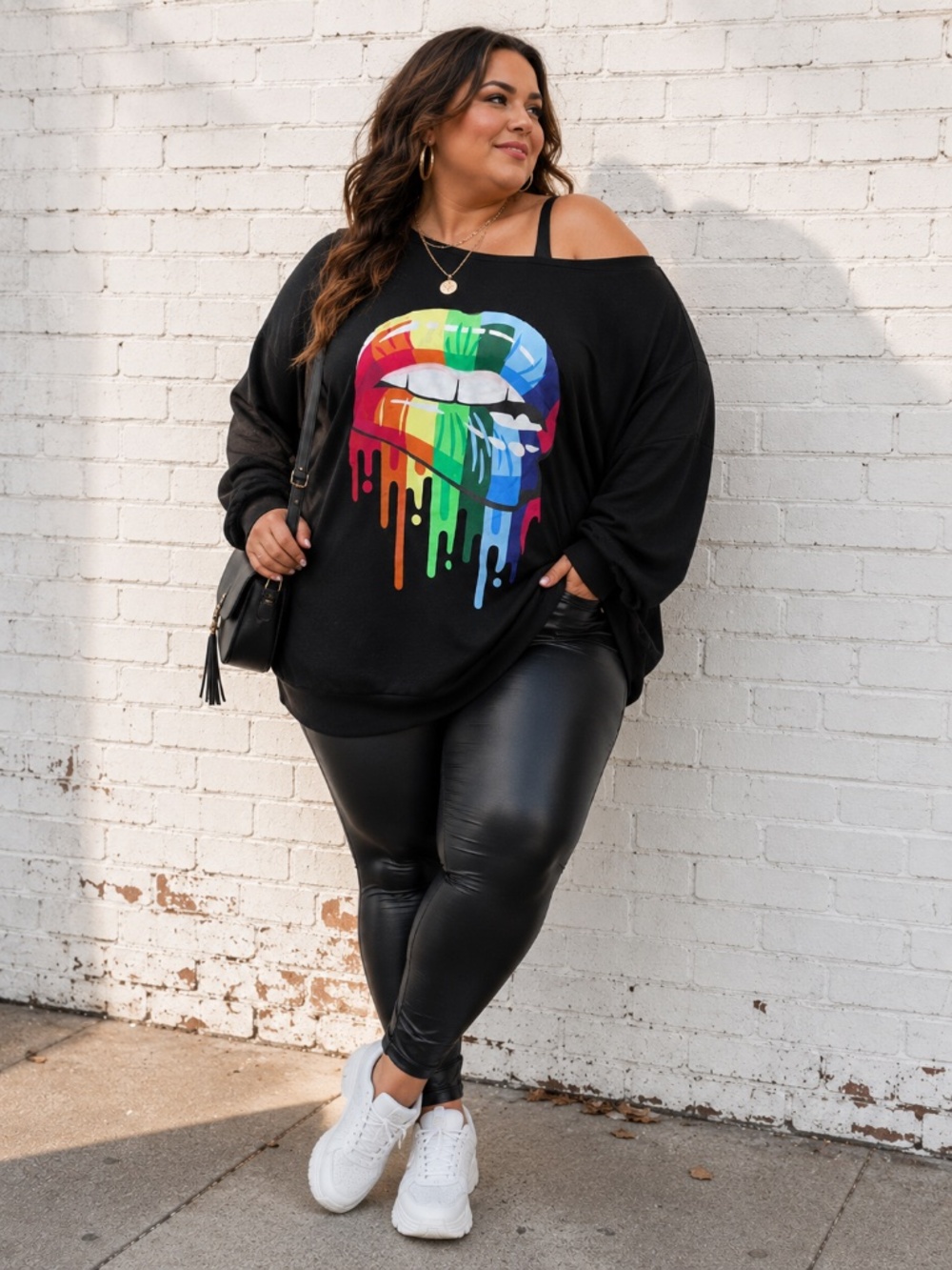 Oversized Black Rainbow Drip Lips Graphic Top Off Shoulder Pullover 4XL